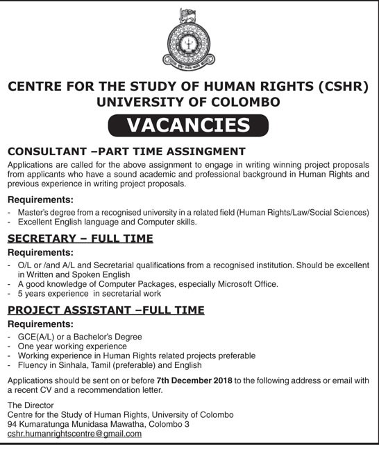 Consultant, Secretary, Project Assistant - University of Colombo